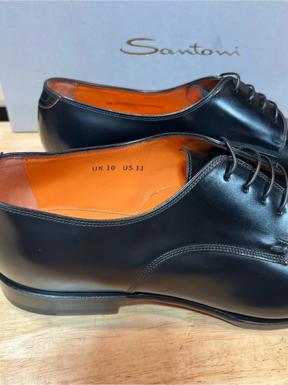 Santoni Archer Black Calfskin Leather Plain Toe Derby Shoes US 11M Made In 🇮🇹